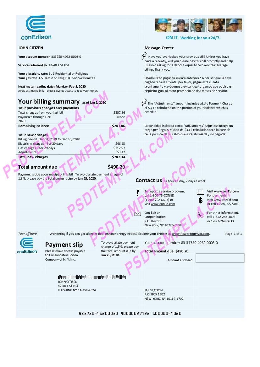 USA Con Edison electricity utility bill