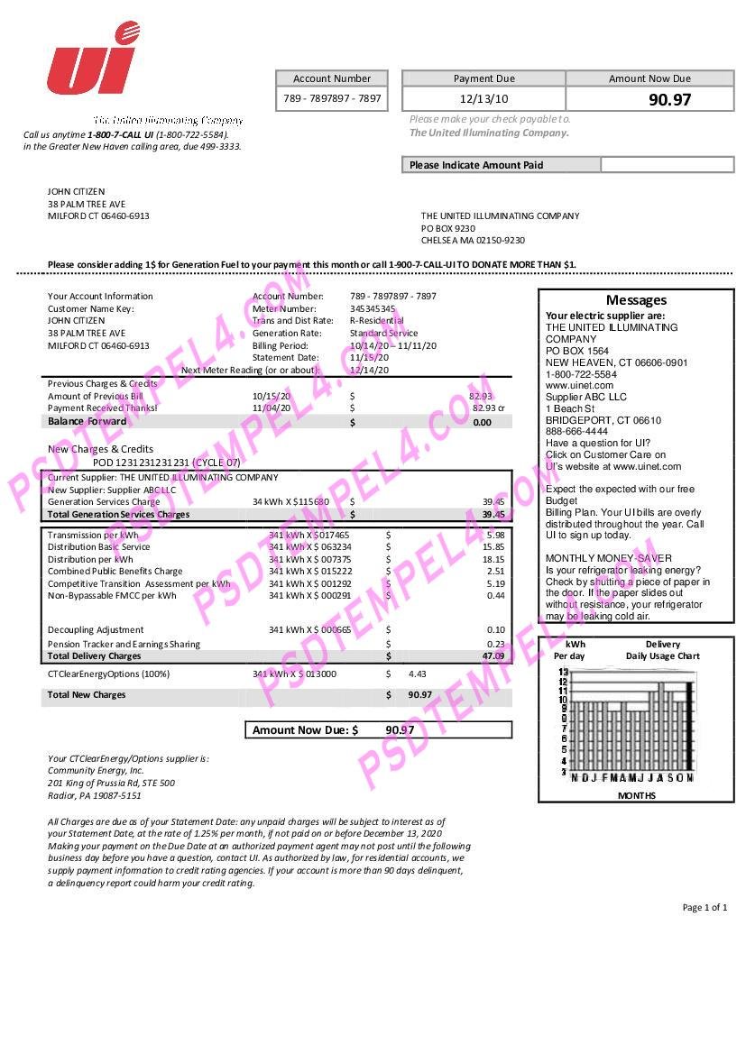 USA Connecticut The United Illuminating Company electricity utility bill
