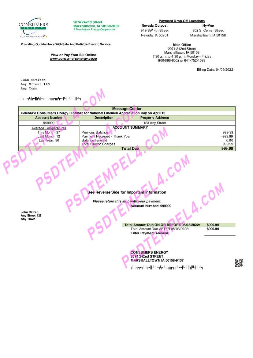 USA Consumers Energy utility bill