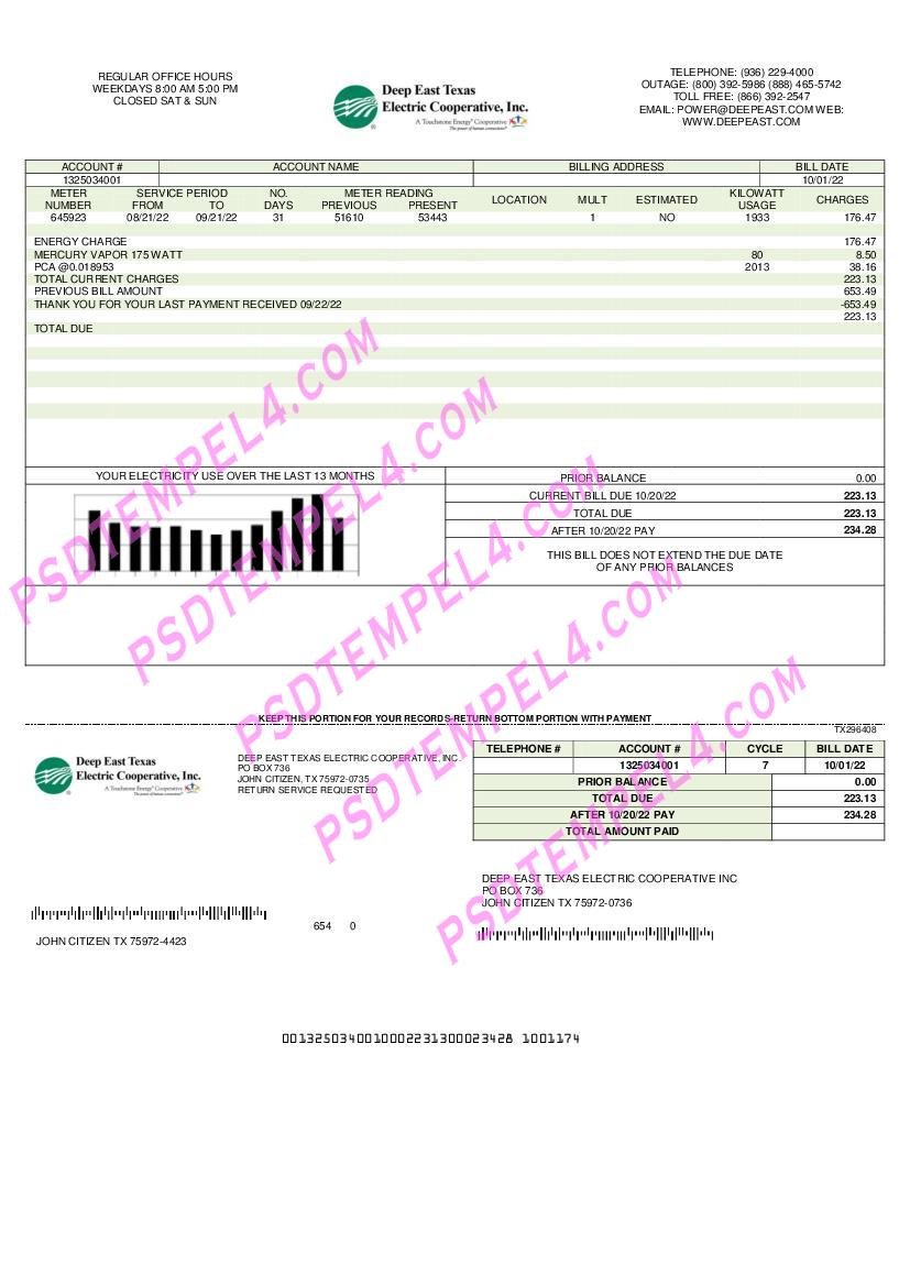 USA Deep East Texas Electric utility bill