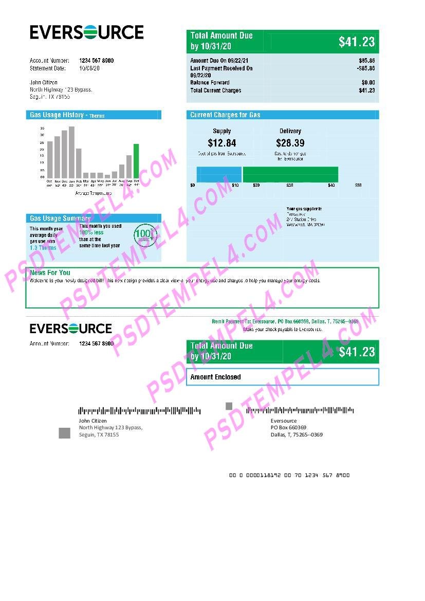 USA Eversource gas utility bill