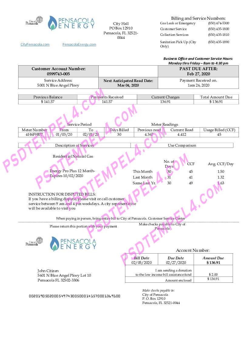 USA Florida Pensacola Energy utility bill