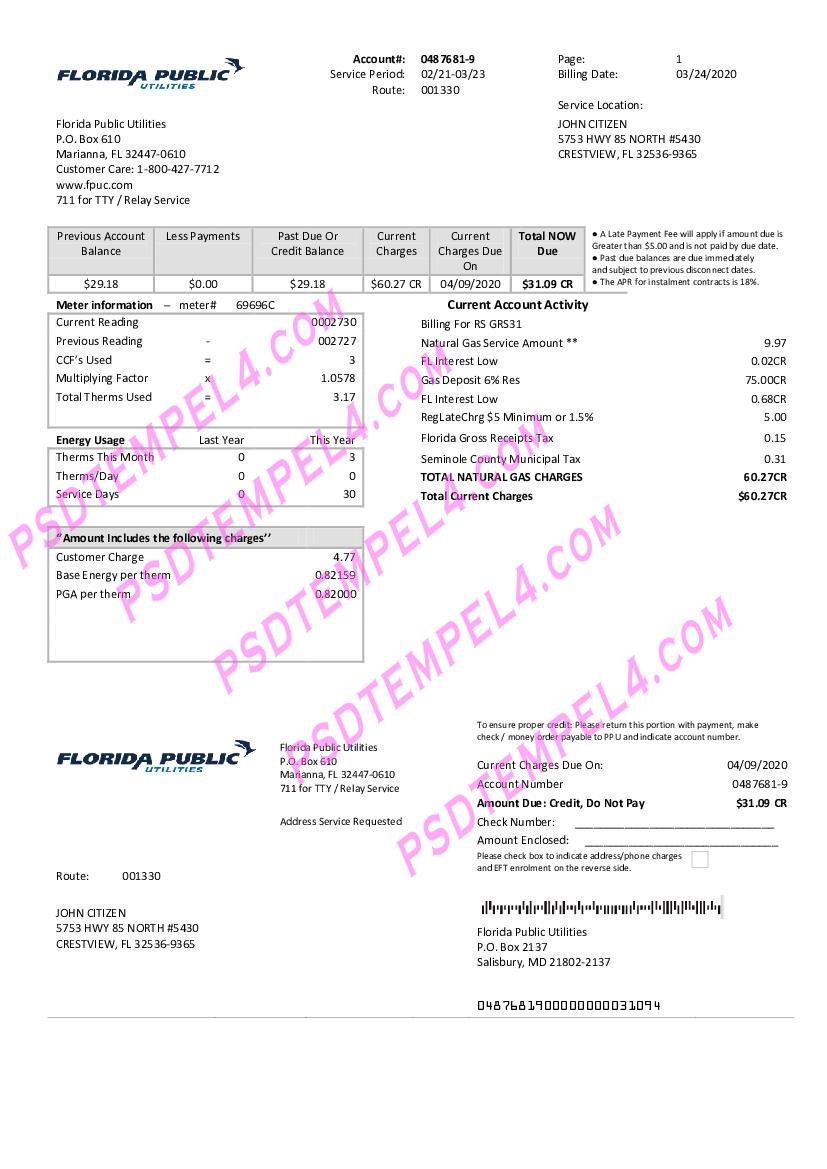 USA Florida Public utilities utility bill
