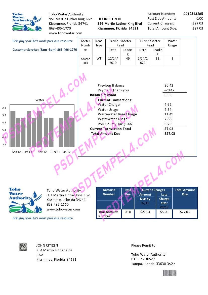 USA Florida Toho Water Authority utility bill