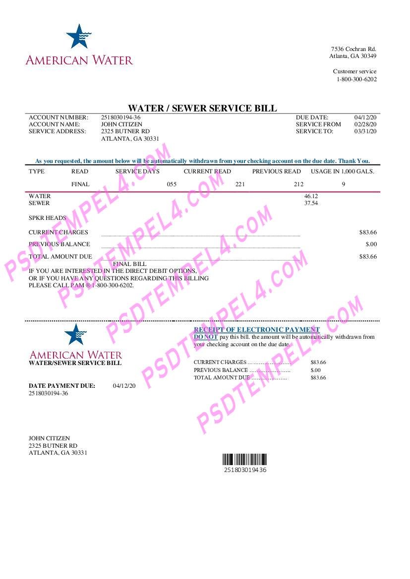 USA Georgia American Water utility bill
