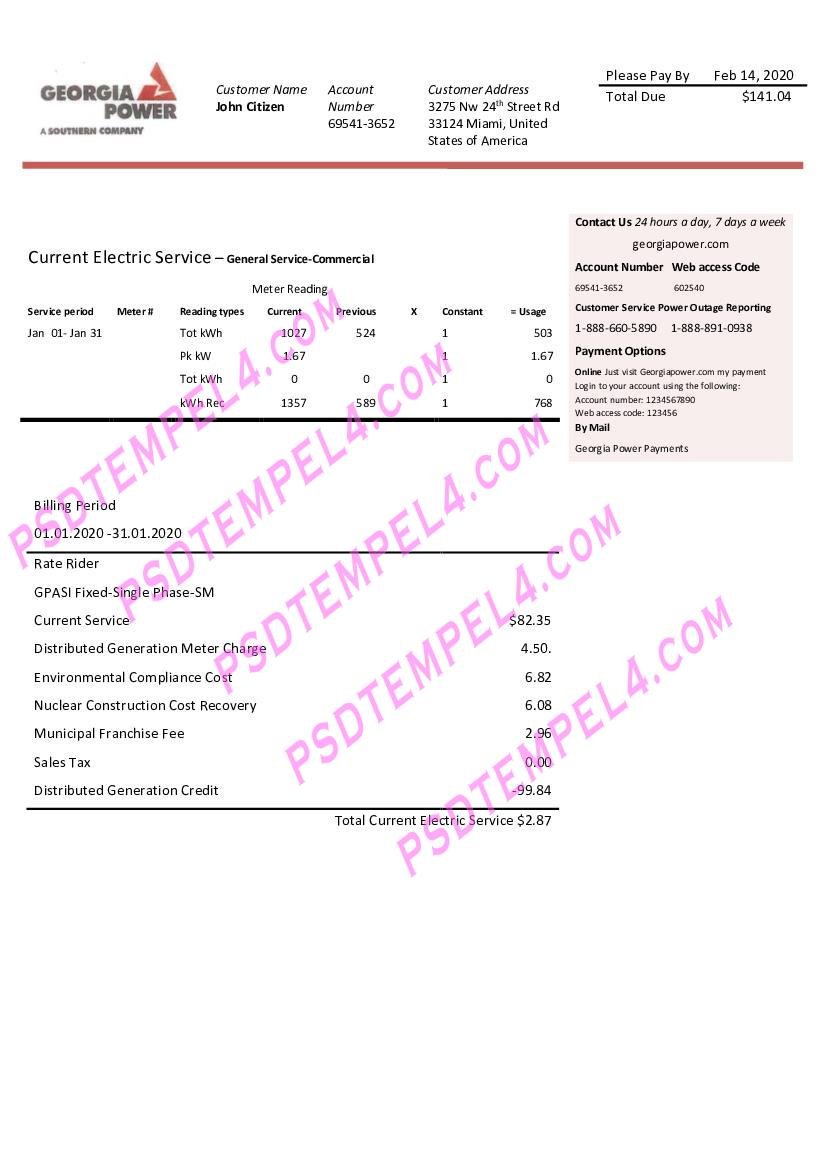 USA Georgia Power utility bill