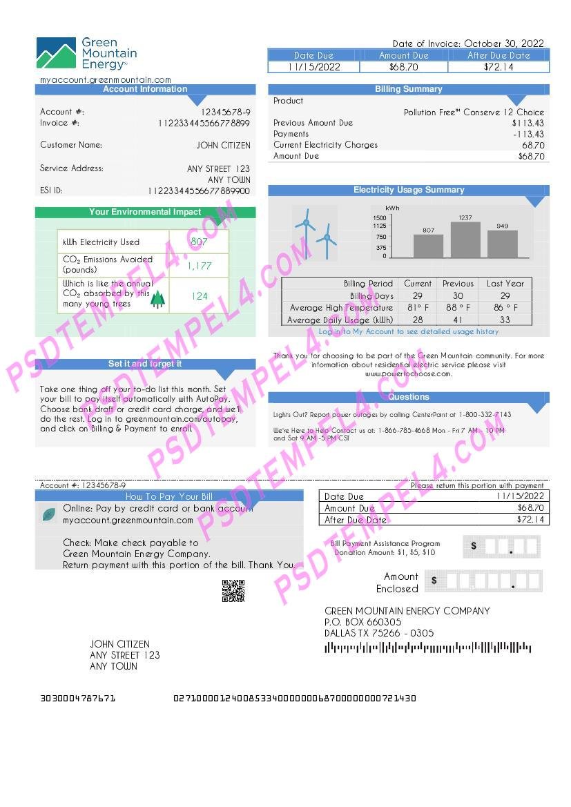 USA Green Mountain Energy utility bill