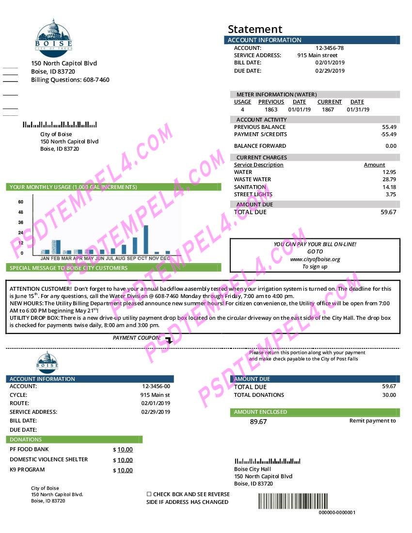 USA Idaho Boise City of Trees water utility bill