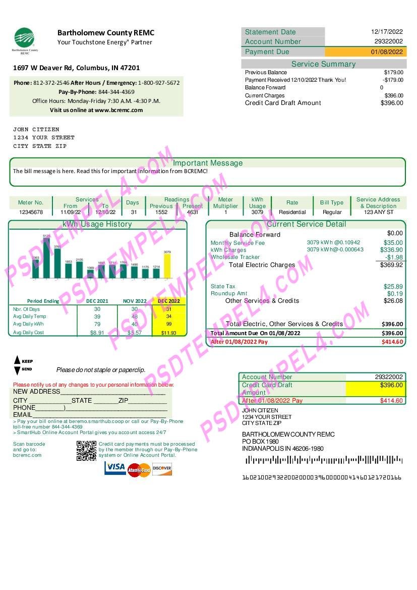 USA Indiana Bartholomew County REMC utility bill