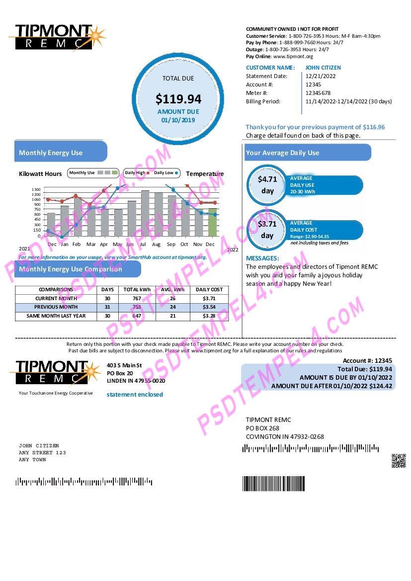 USA Indiana Tipmont utility bill