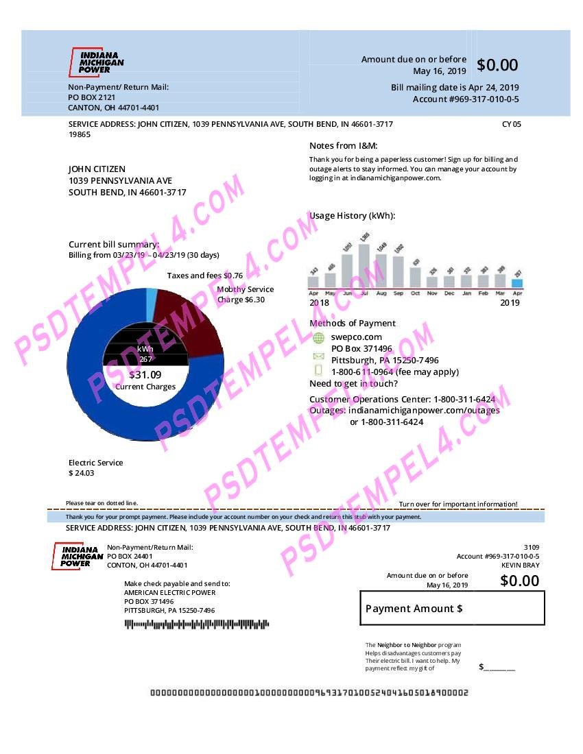 USA Indiana electricity utility bill