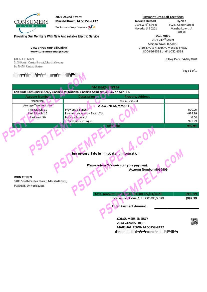 USA Iowa Consumers Energy utility bill