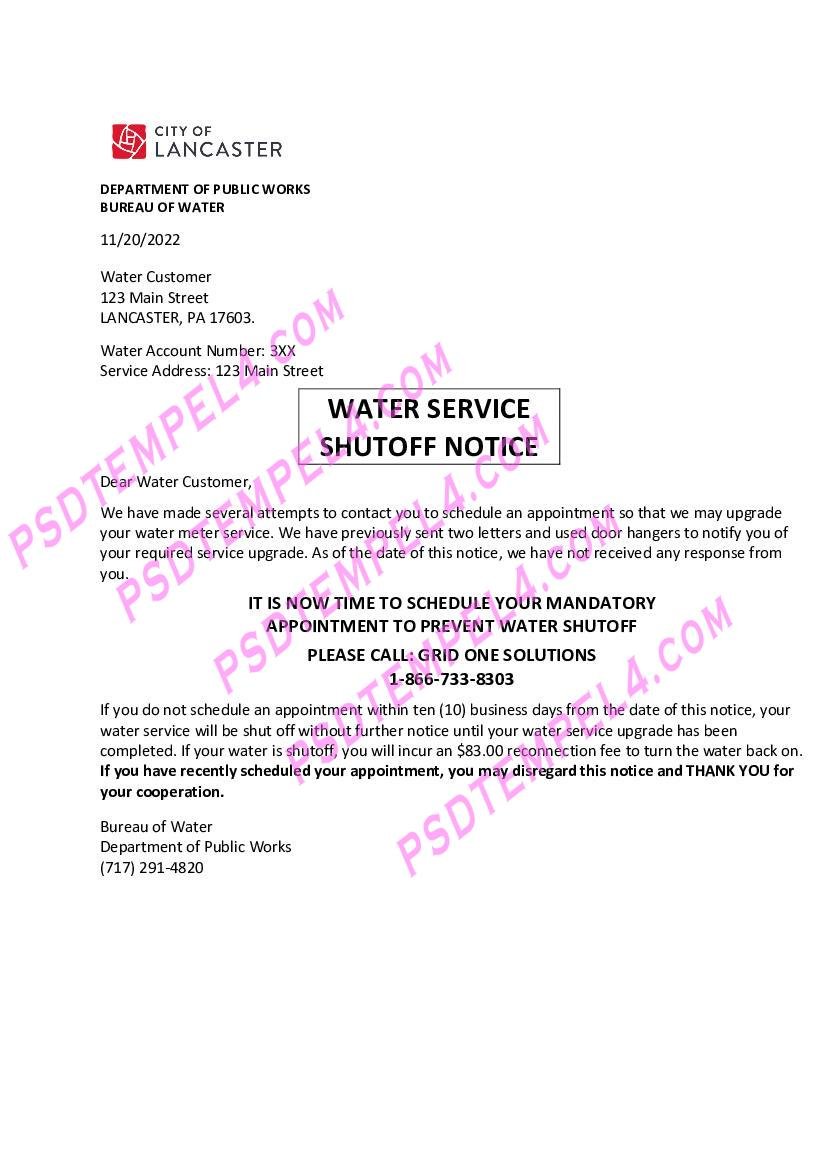 USA Lancaster Water service shutoff notice utility bill