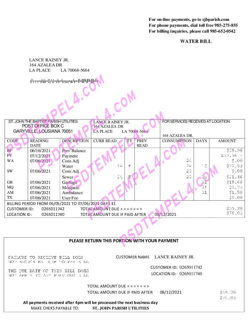 USA Louisia utility bill. John the Baptist Parish water
