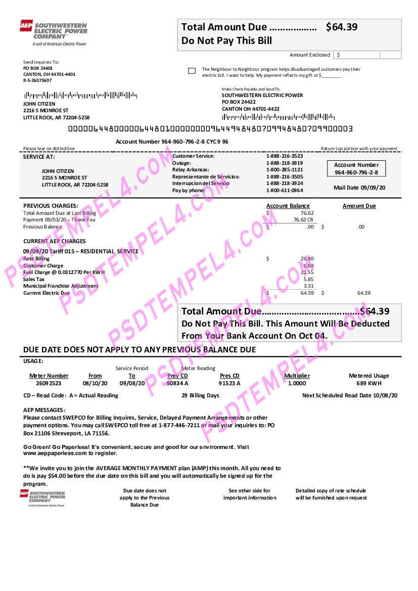 USA Louisiana AEP electricity utility bill