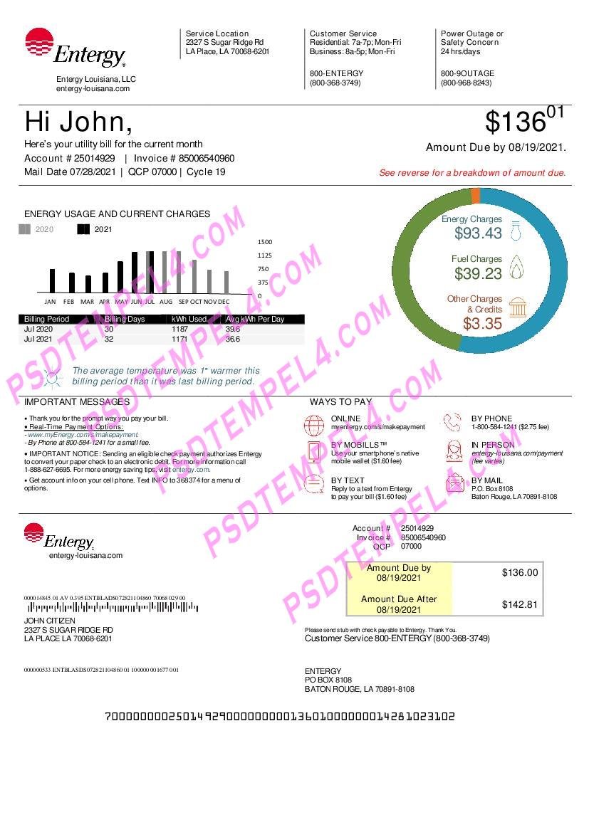 USA Louisiana Entergy utility bill