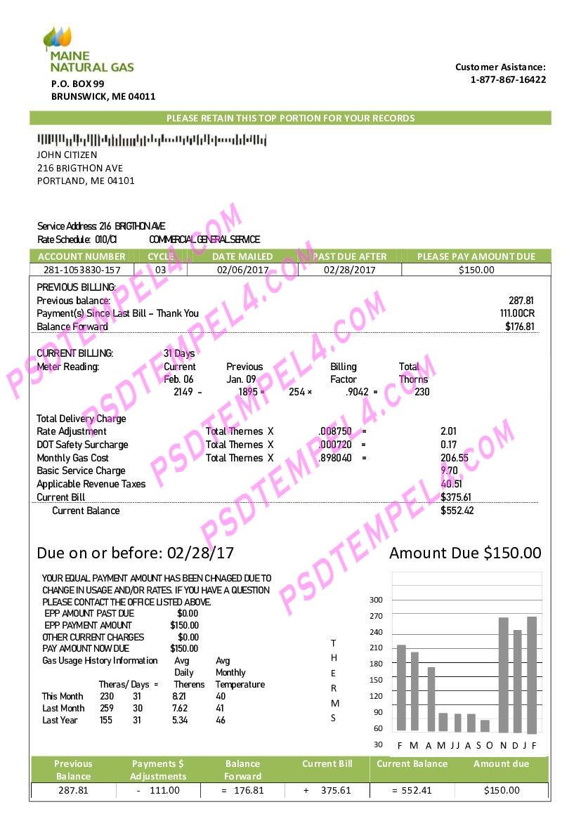 USA Maine Natural Gas Portland utility bill