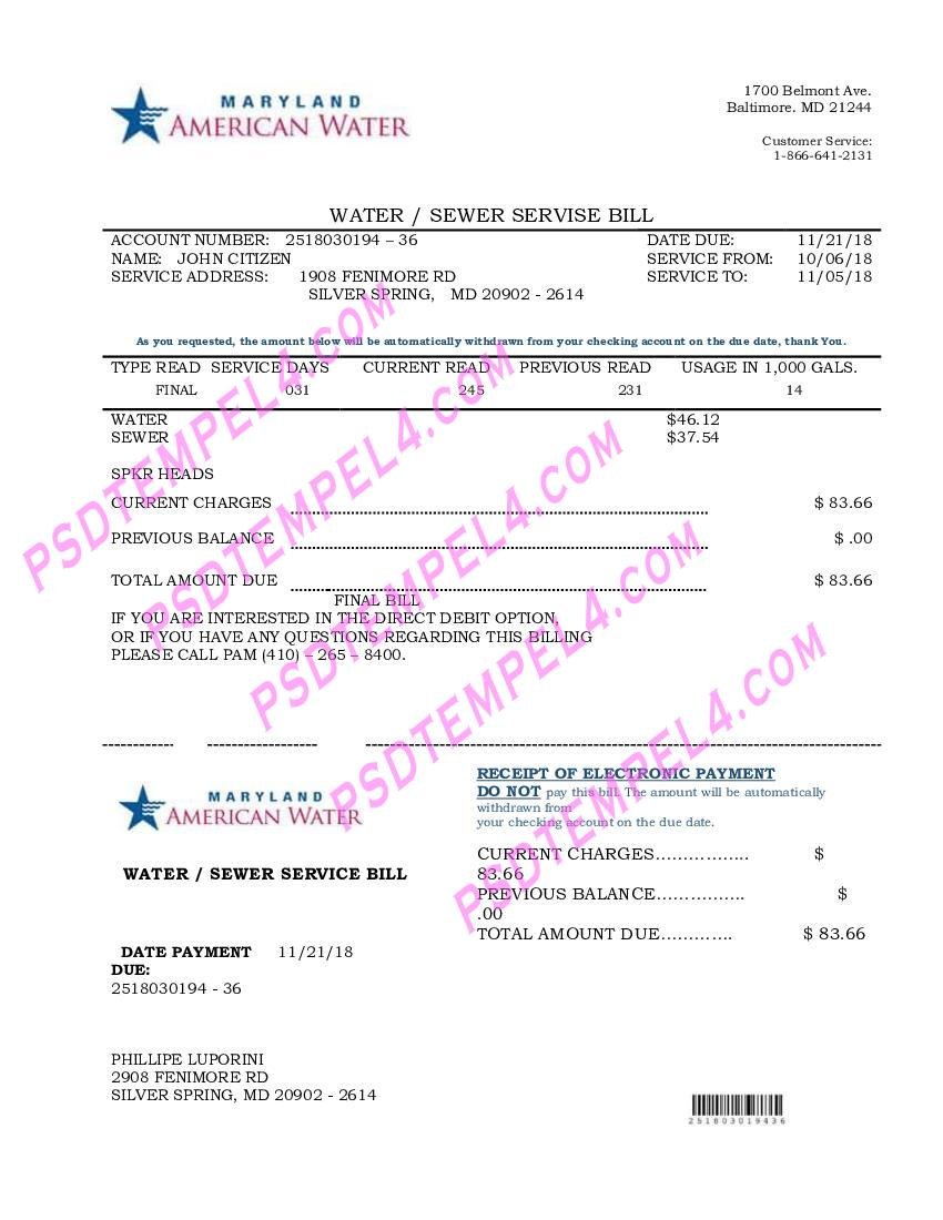 USA Maryland American water utility bill