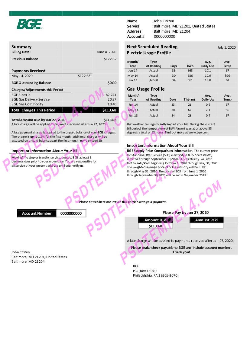 USA Maryland BGE gas and electric utility bill