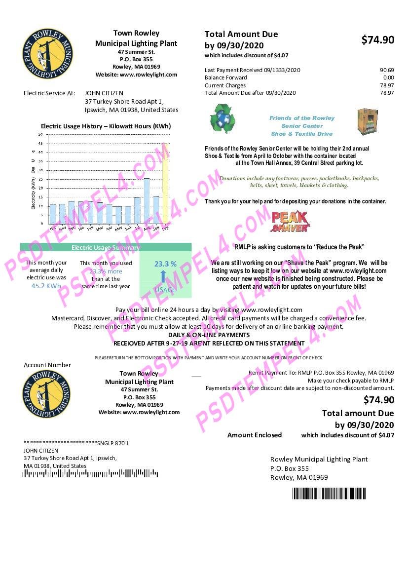 USA Massachusetts Town of Rowley Municipal Lighting Plant electricity utility bill