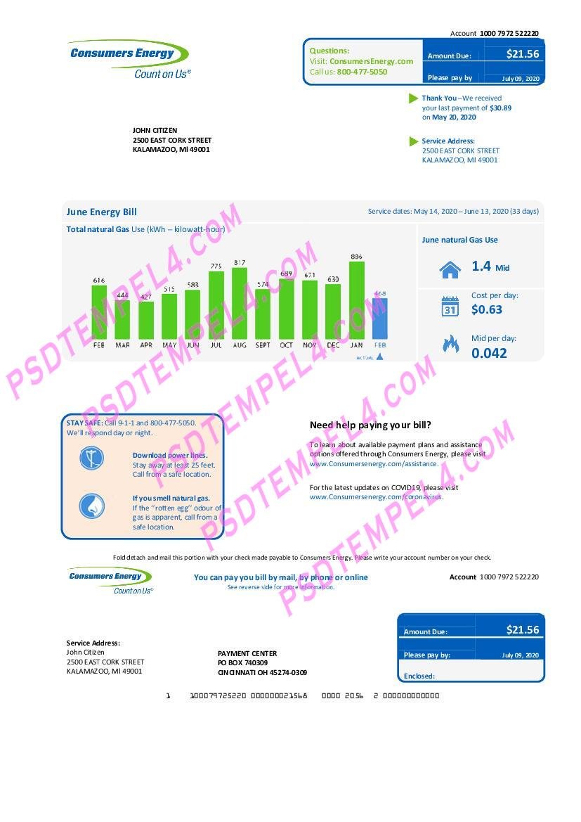 USA Michigan Consumers Energy utility bill