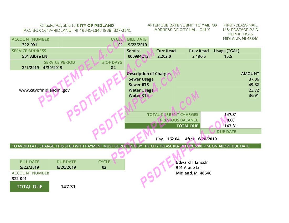 USA Michigan Midland water utility bill