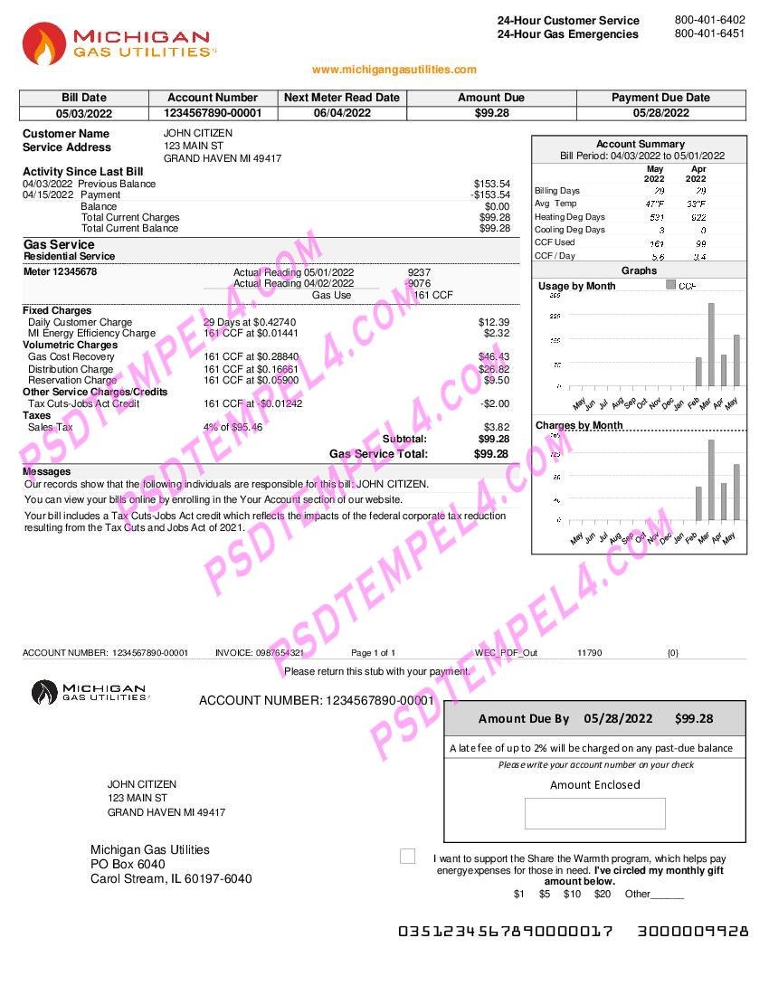 USA Michigan gas Utilities utility bill
