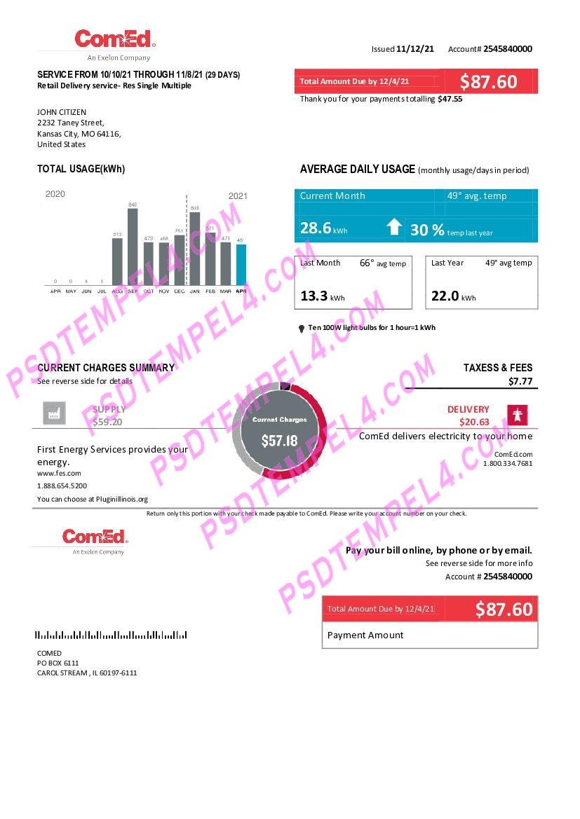 USA Missouri ComEd Electricity utility bill