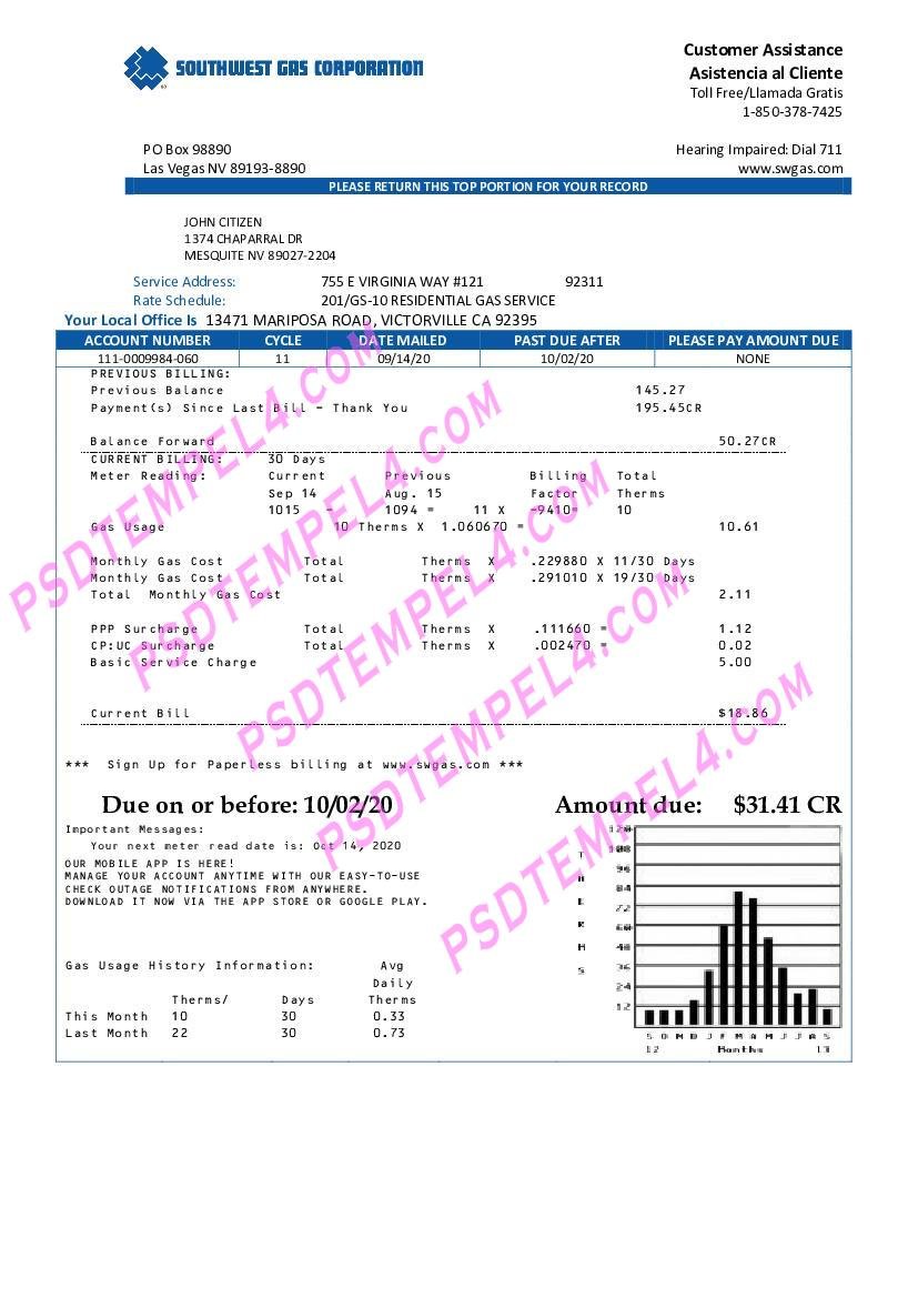 USA Nevada Southwest gas Corporation utility bill