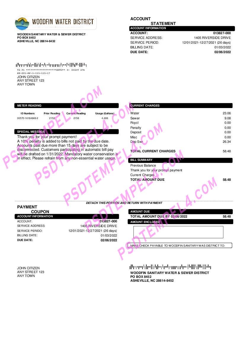 USA North Carolina Woodfin Sanitary Water & Sewer District utility bill