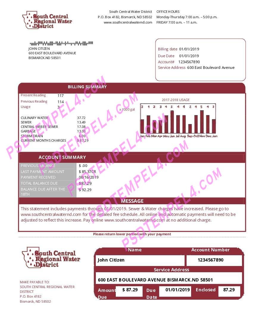 USA North Dakota South Central Regional Water District utility bill