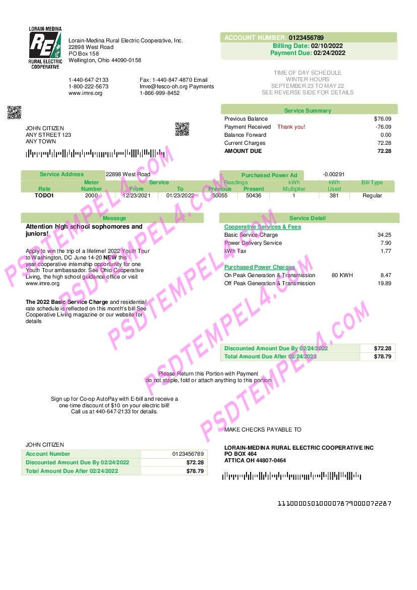 USA Ohio Lorain-Medina Rural Electric utility bill
