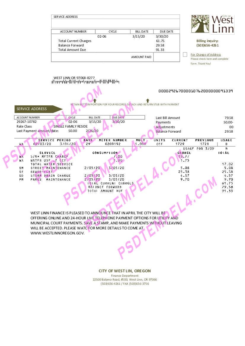 USA Oregon City of West Linn utility bill
