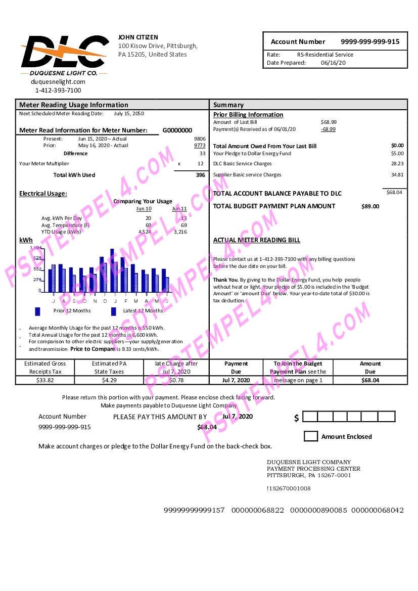 USA Pennsylvania Duquesne light utility bill