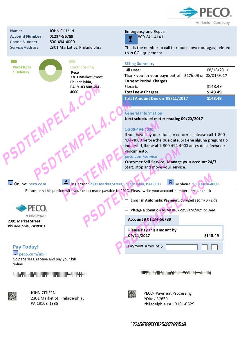 USA Philadelphia PECO electricity utility bill