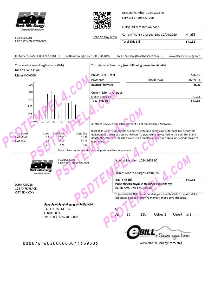 USA South Dakota Black Hills Energy utility bill