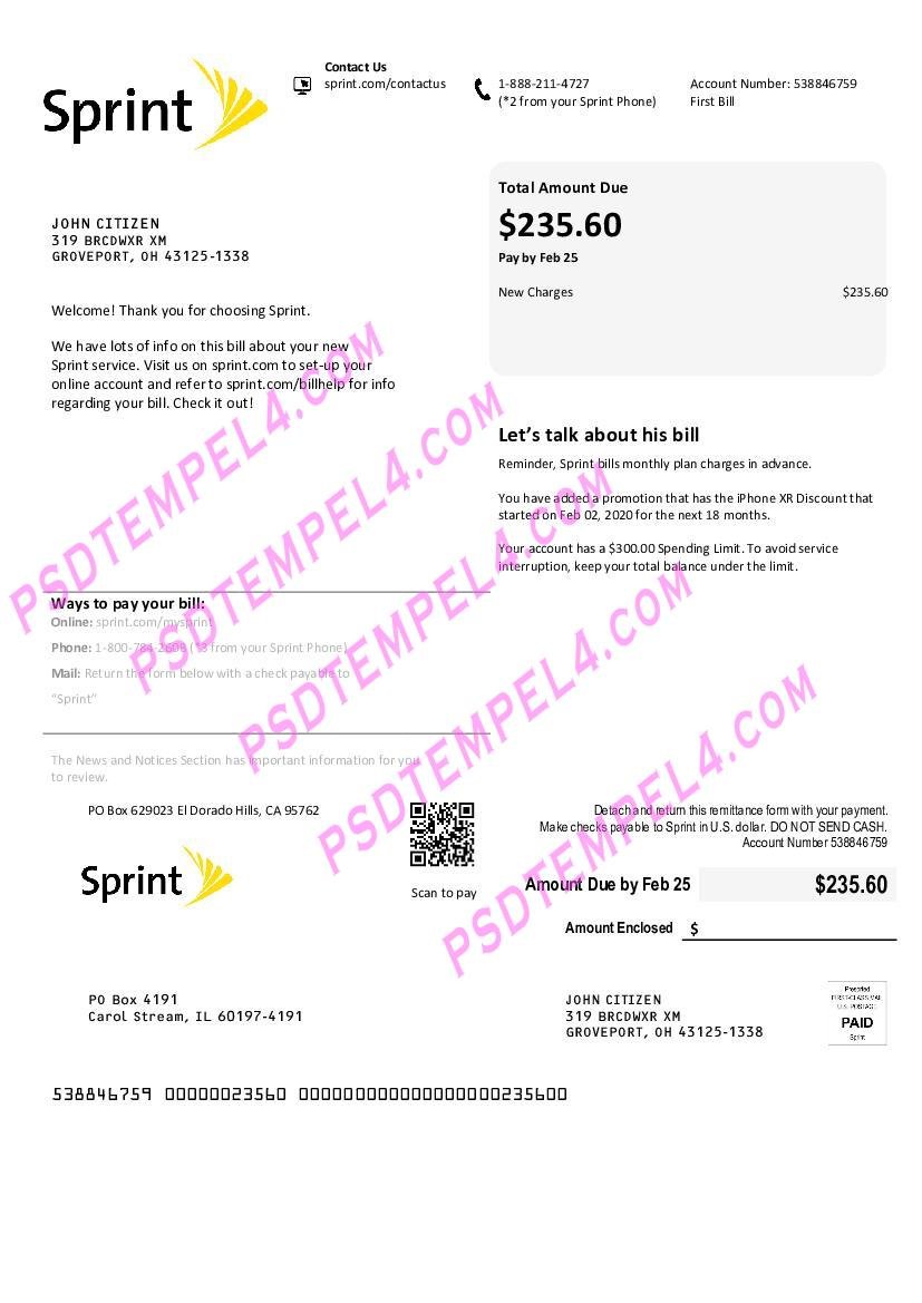 USA Sprint (T-Mobile) utility bill