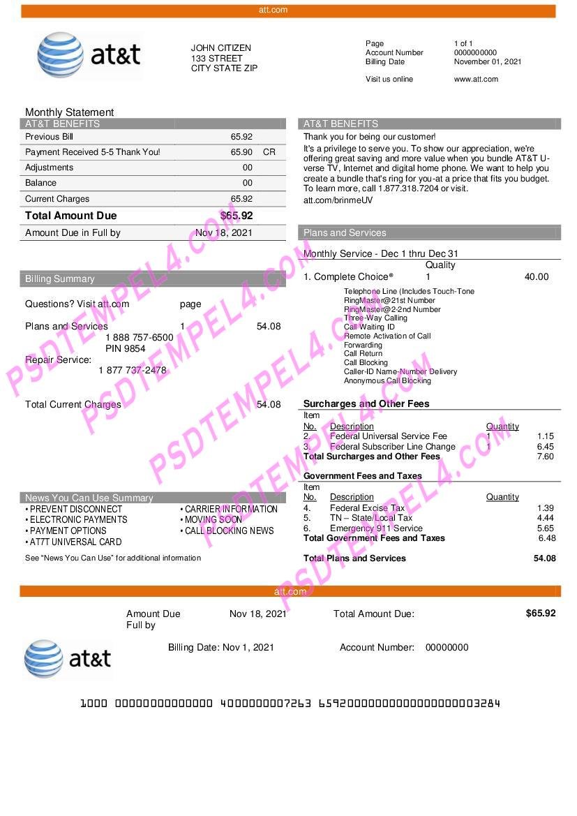 USA Texas AT&T telecommunications utility bill V3