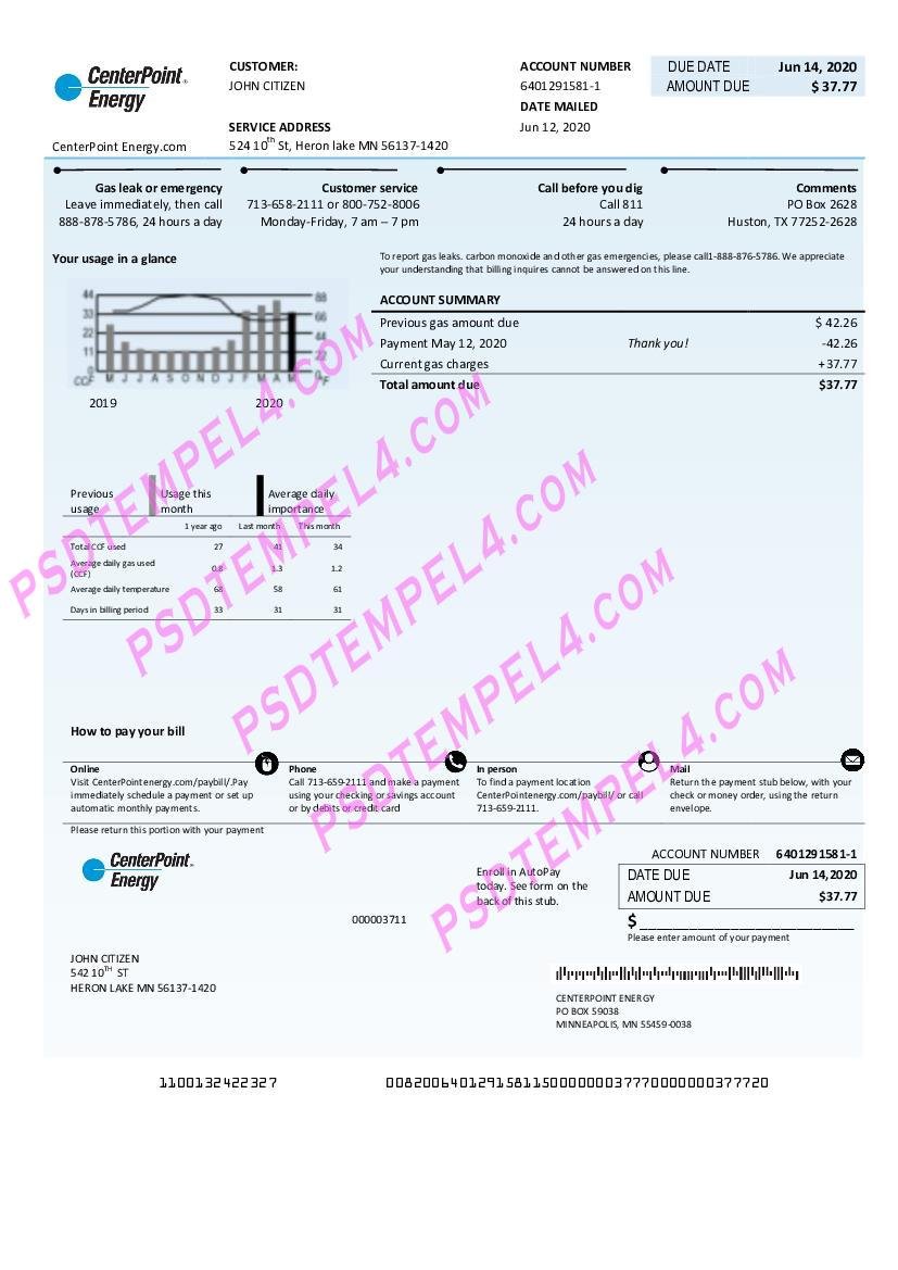 USA Texas Center Point Energy utility bill