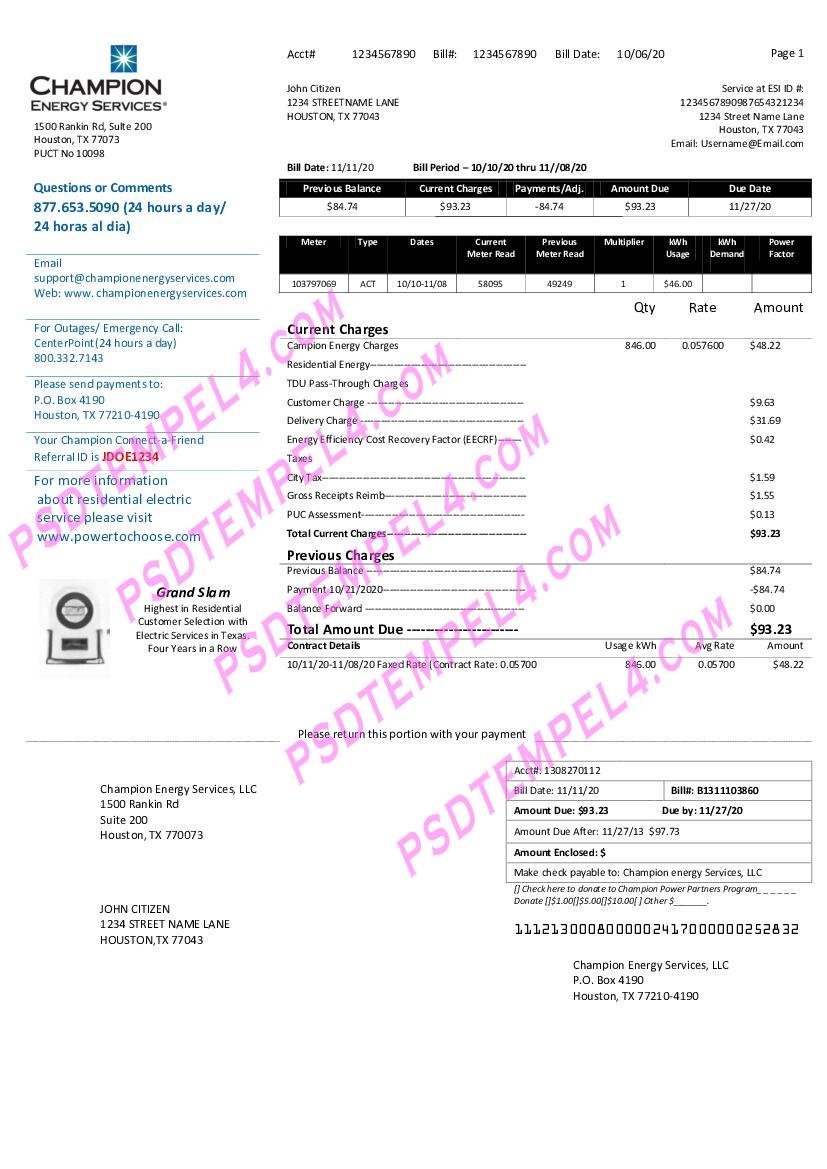 USA Texas Champion Energy Services proof of address utility bill