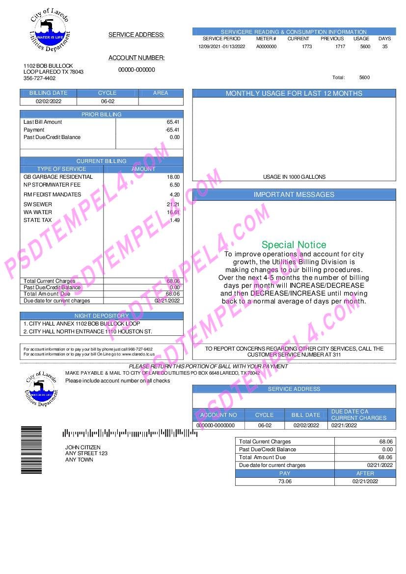 USA Texas City of Laredo Utilities Department water utility bill