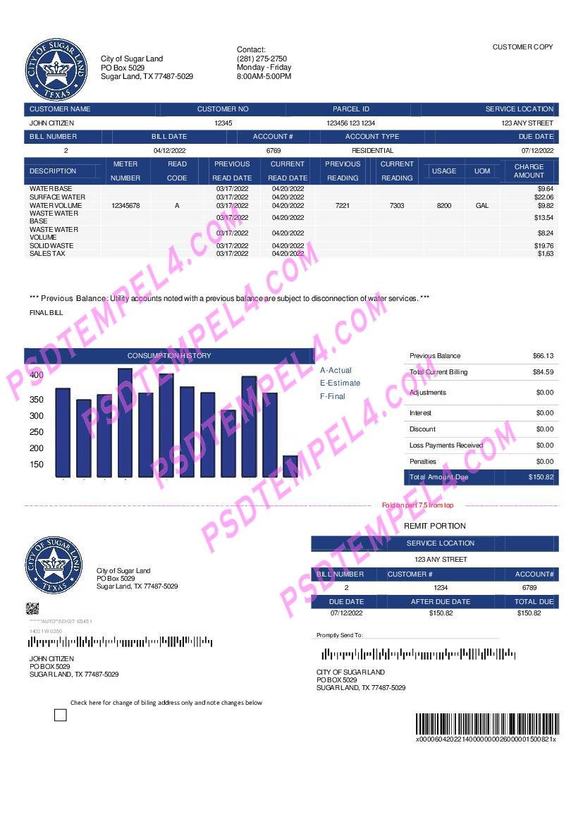 USA Texas City of Sugar Land utility bill