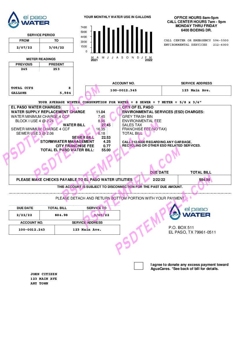 USA Texas El Paso Water utility bill