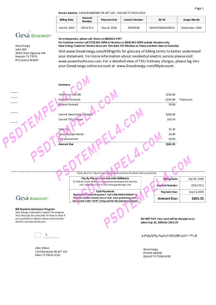 USA Texas Gexa Energy utility bill