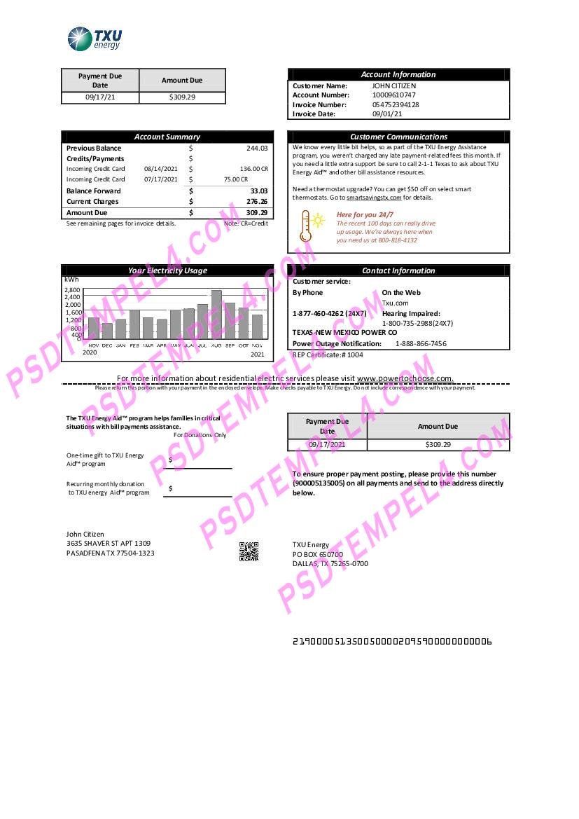 USA Texas TXU Energy utility bill