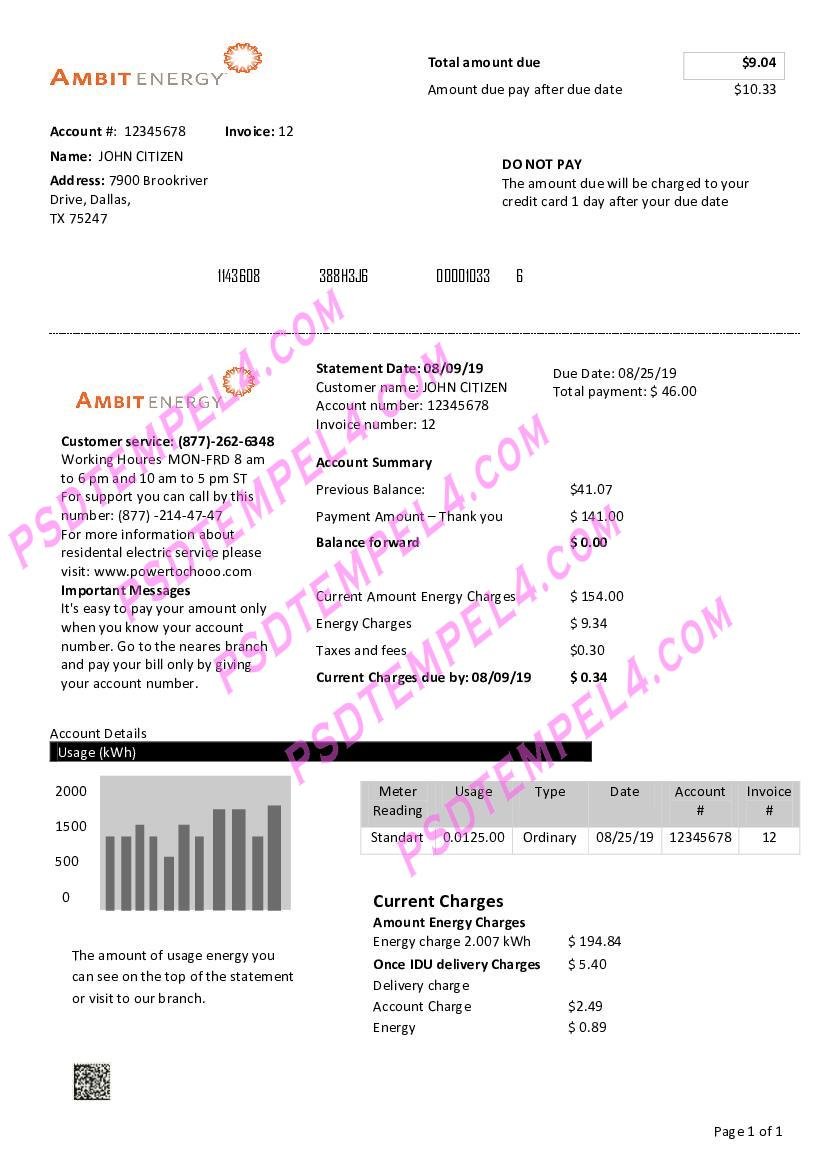 USA Texas ambit energy utility bill