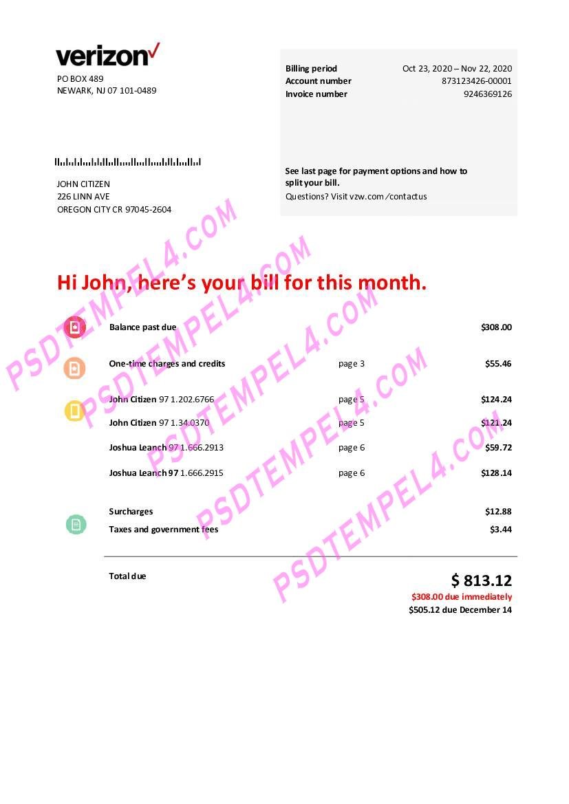 USA Verizon telecommunications utility bill
