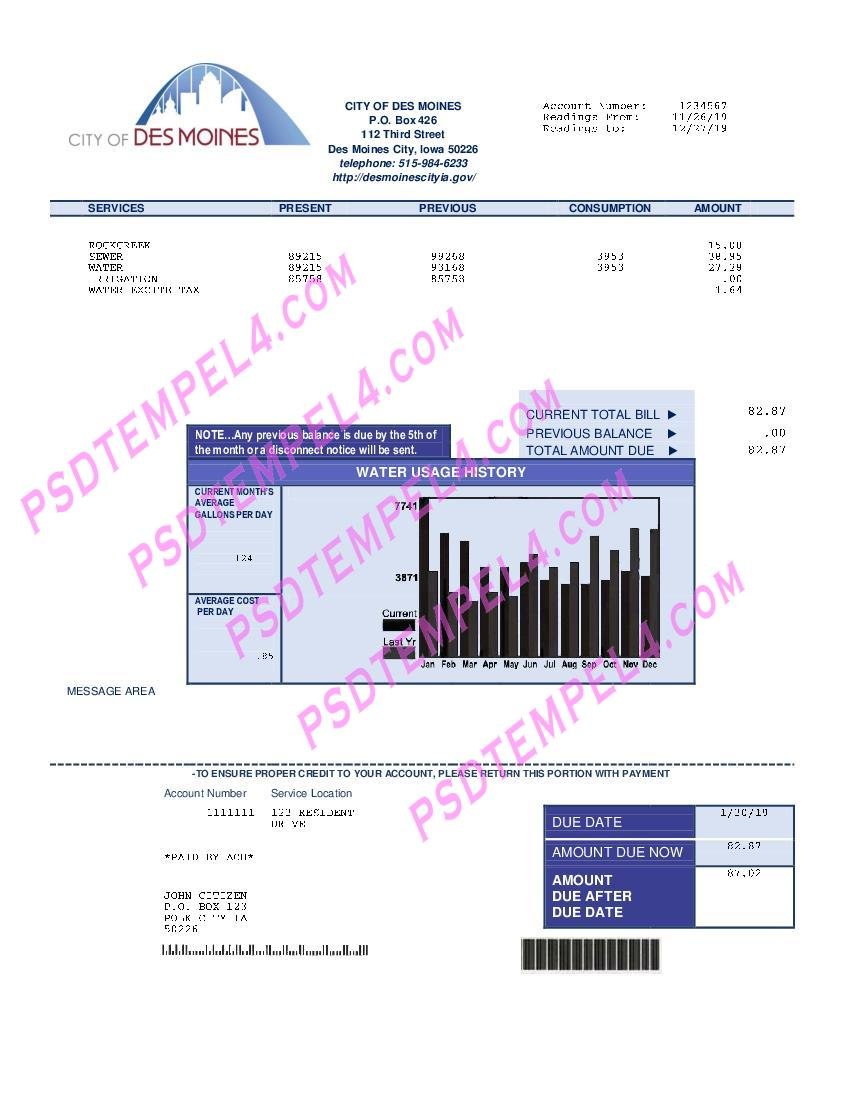 usa iowa city of des moines water utility bill