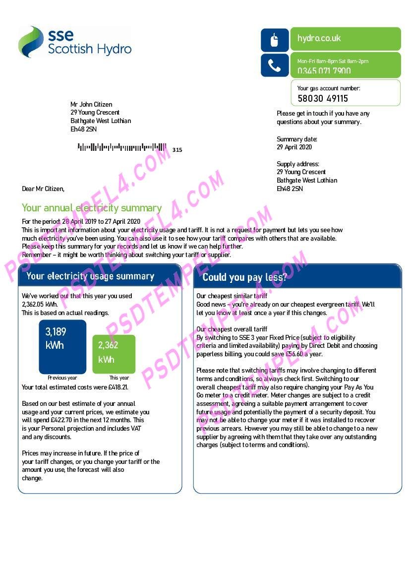 United Kingdom SSE Energy V2 utility bill