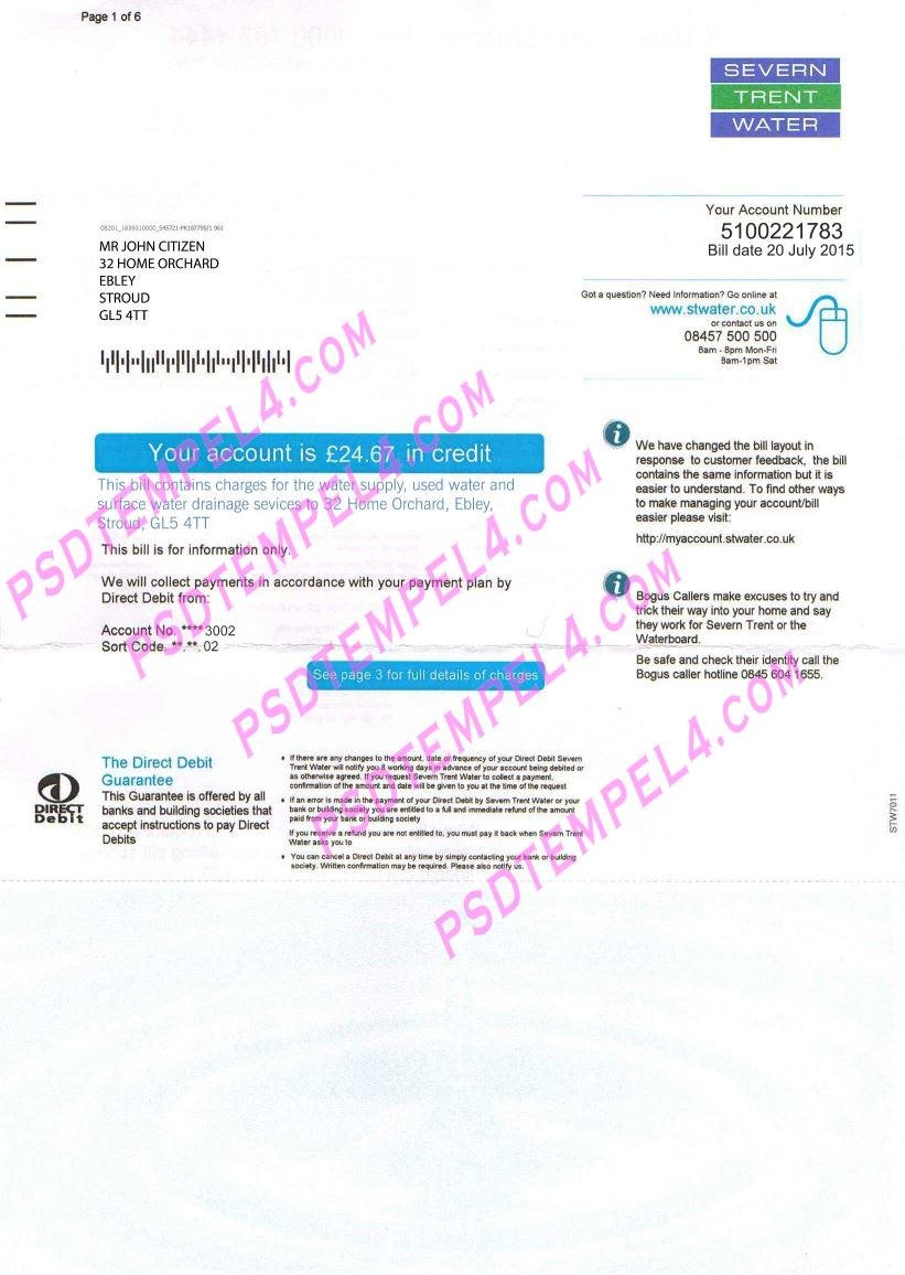 United Kingdom Severn Trent Water PSD utility billSev